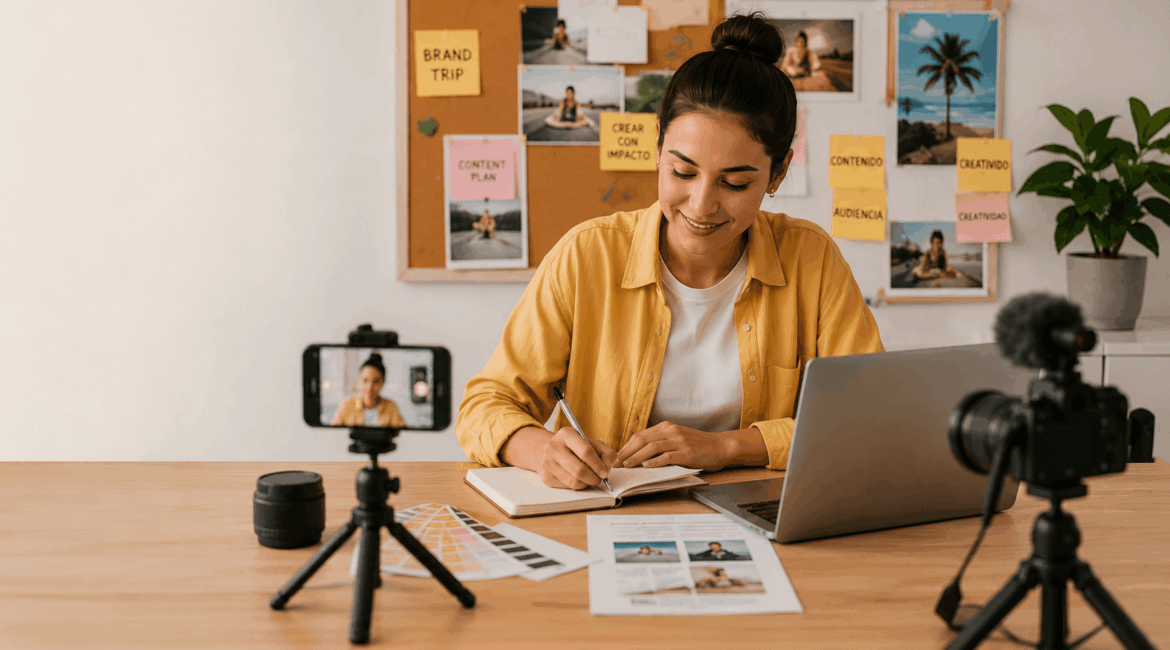Creadora de contenido planificando una estrategia de influencer marketing con cámara, celular y computadora - Under One Marketing