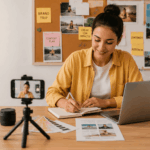 Creadora de contenido planificando una estrategia de influencer marketing con cámara, celular y computadora - Under One Marketing