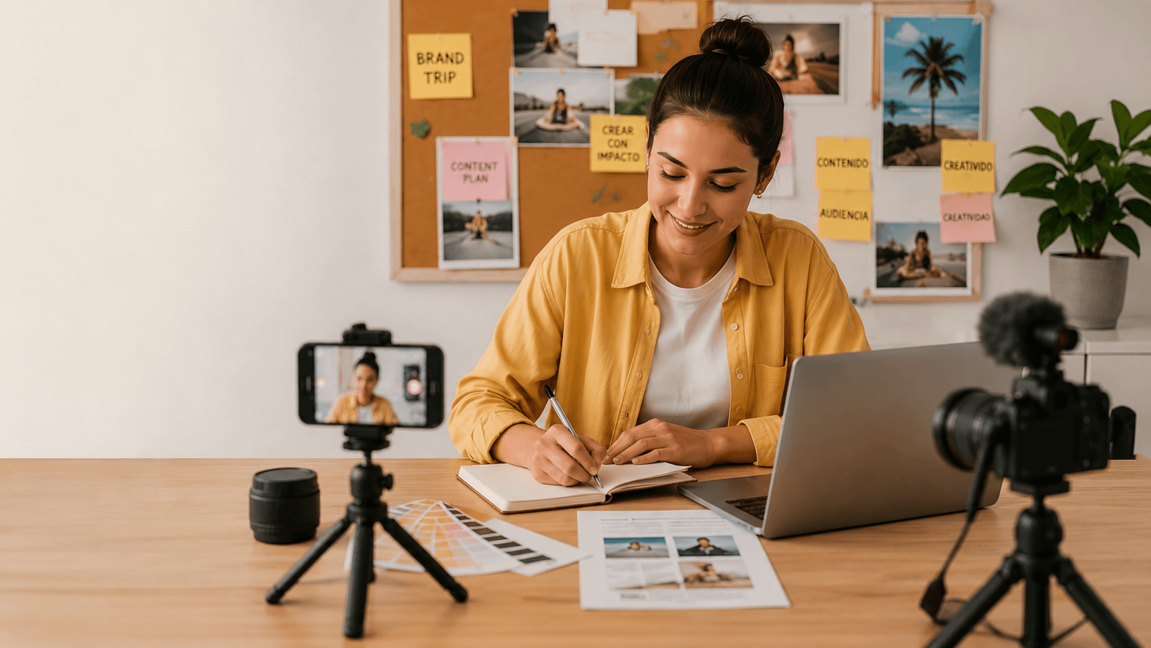 Creadora de contenido planificando una estrategia de influencer marketing con cámara, celular y computadora - Under One Marketing