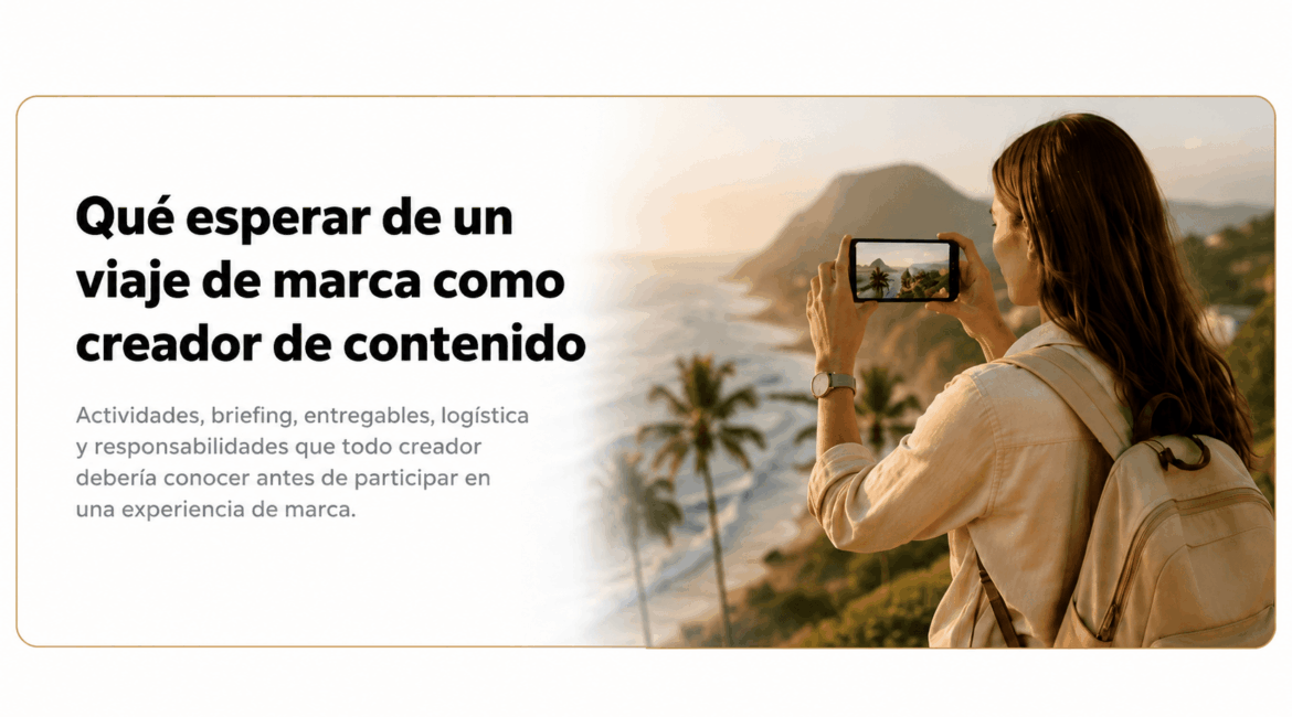 Creadora de contenido grabando contenido durante un viaje de marca frente al mar
