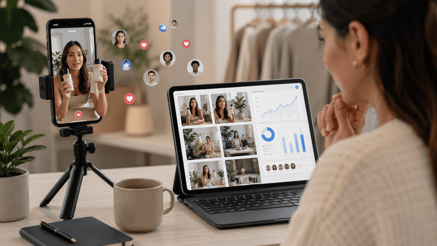 Cómo funciona el influencer marketing Creadora grabando contenido mientras una marca analiza resultados de influencer marketing