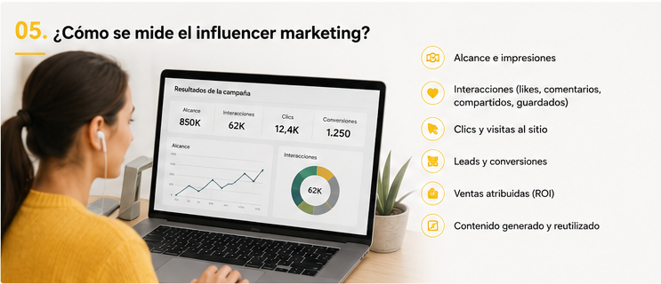 Panel de resultados para medir alcance, interacciones, clics, conversiones y retorno